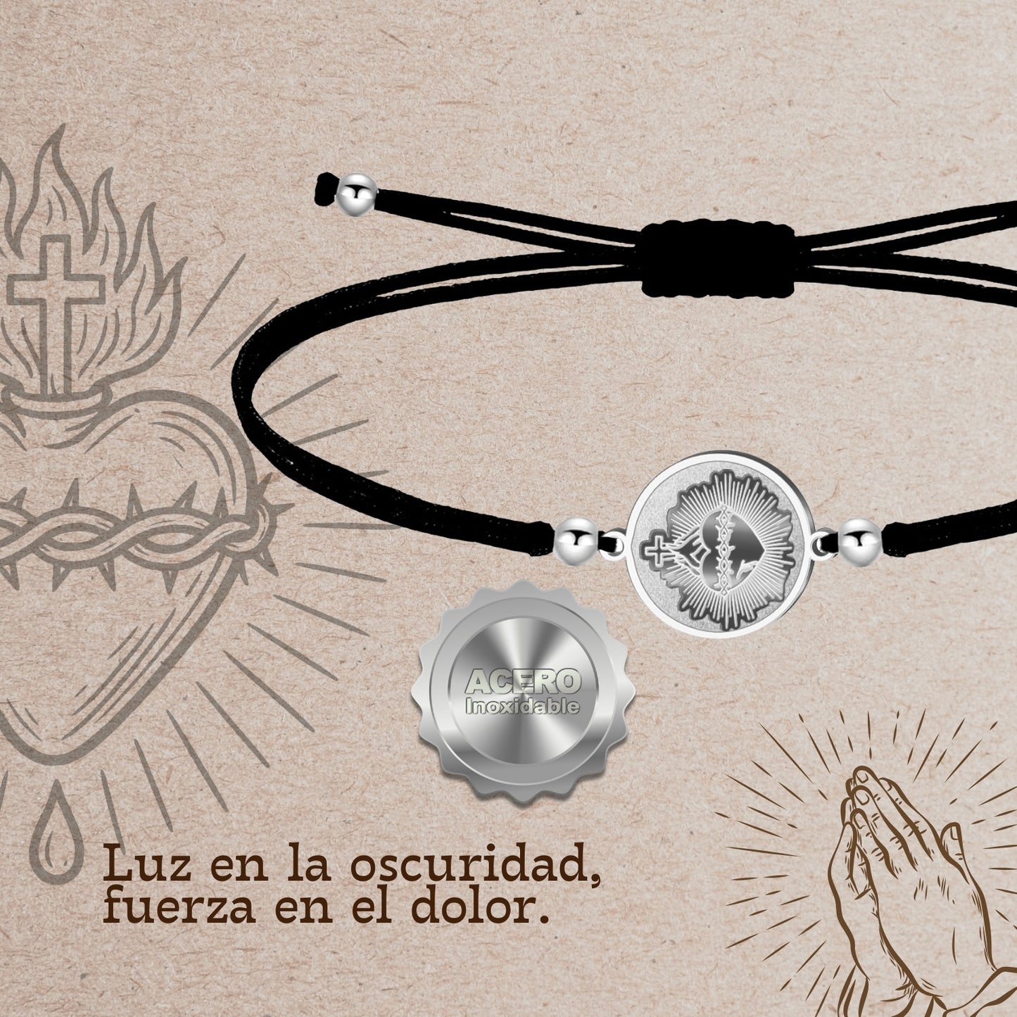 Pulsera Hilo Encerado con CORAZON DE JESUS color Plateado
