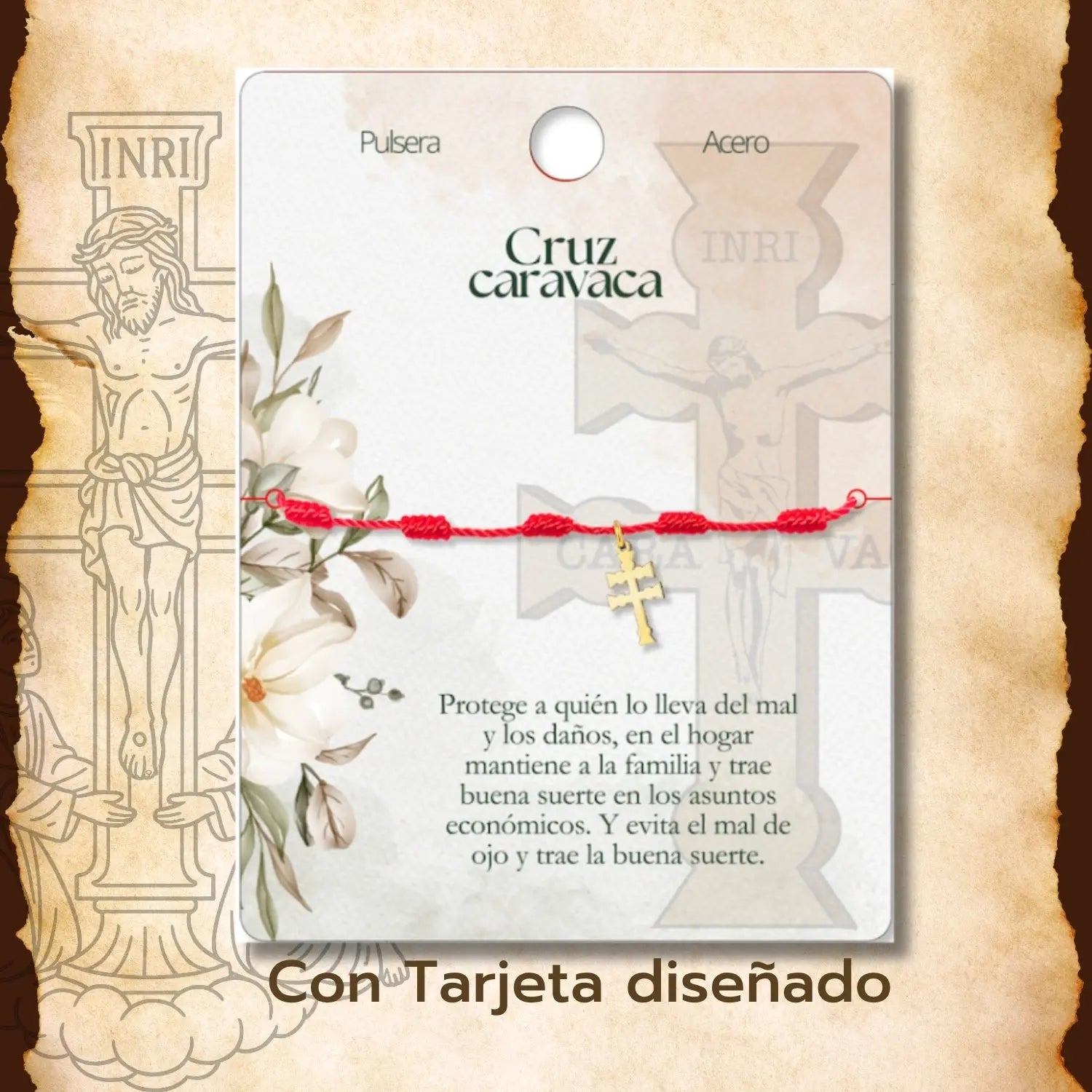 Pulsera 7 Nudos con Cruz de Caravaca en Acero Dorado detalle