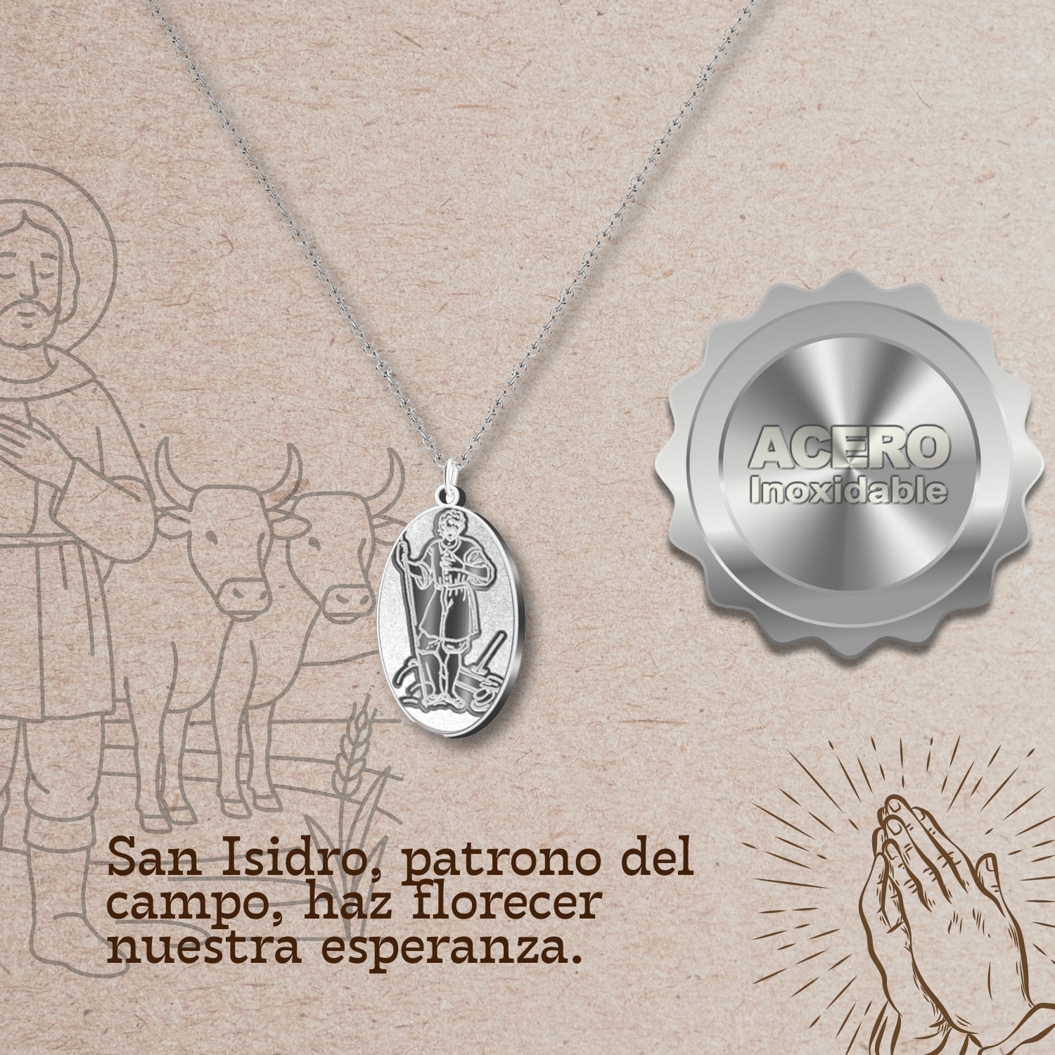 Colgante Medalla de San Isidro Labrador en Acero acabado