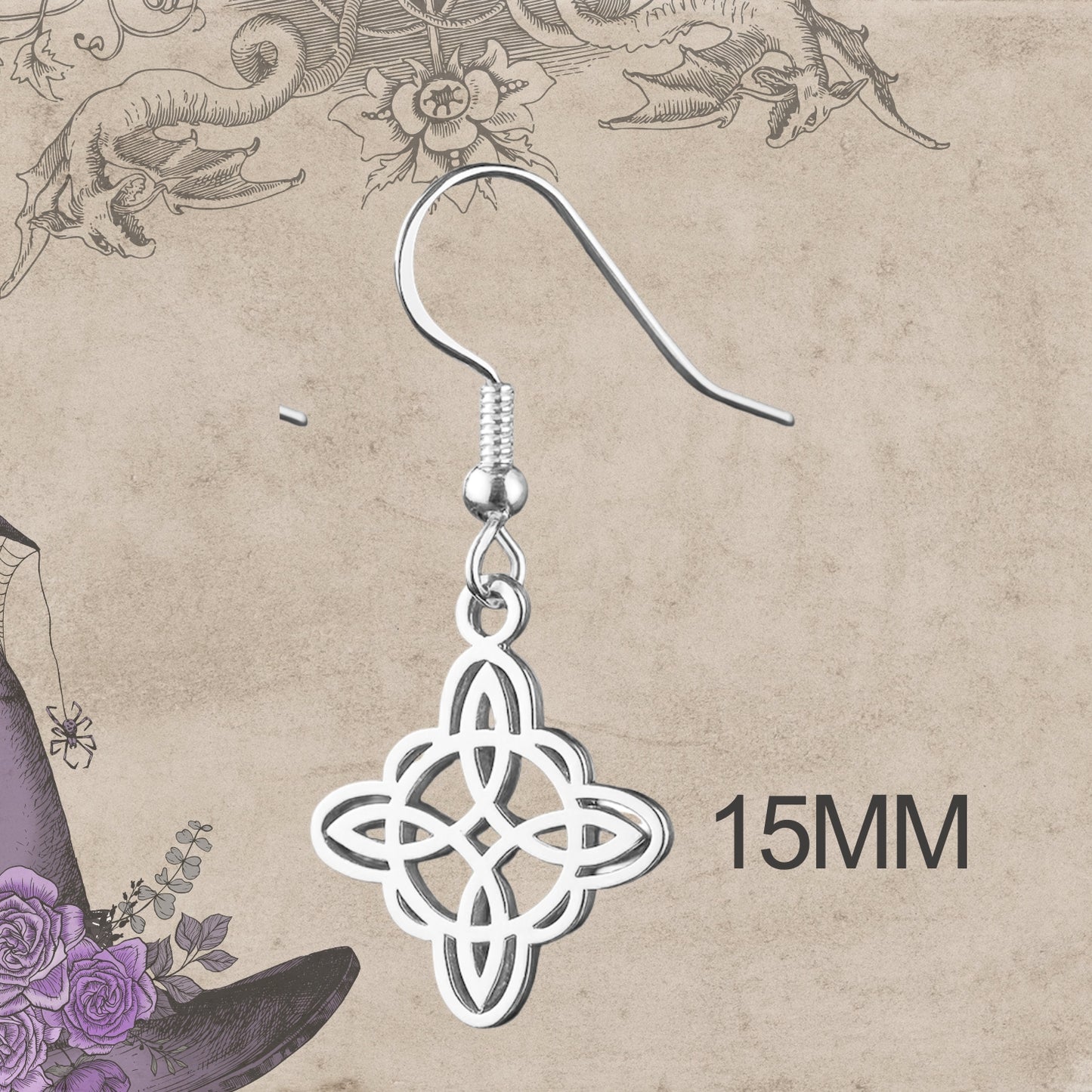 Pendientes Nudo de Bruja – Acero Inoxidable plateado, Amuleto de Protección