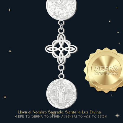 Collar Tetragramatón con Nudo de Bruja y Medalla de San Benito, Acero Inoxidable✨ Amuleto de Protección y Energía Positiva en Acero Inoxidable
