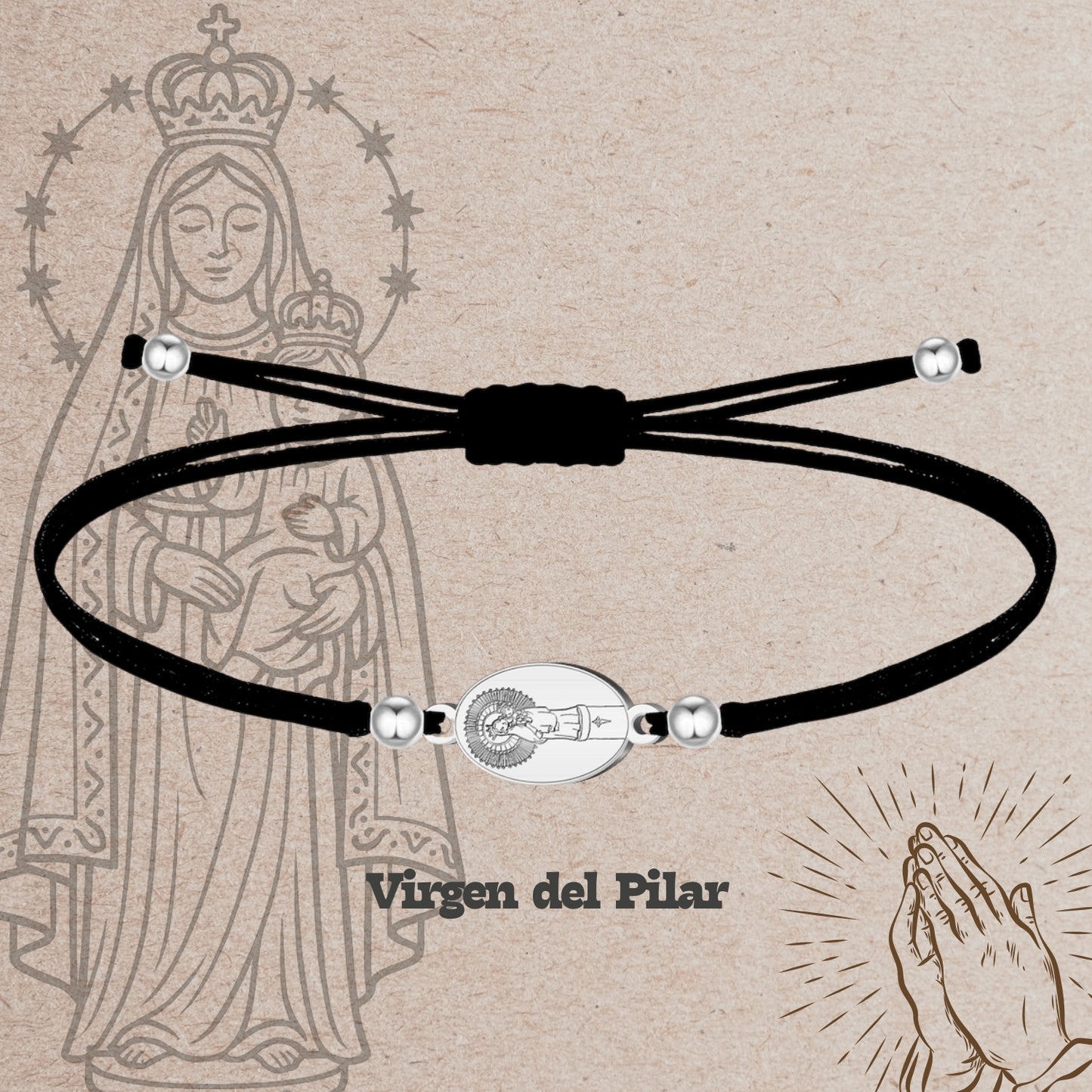 Pulsera Hilo encerado con colgante Vigen Pilar color Plateado