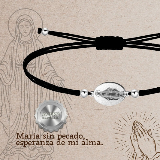 Pulsera Hilo Negro con Medalla Milagrosa en Acero Plateado - cotigo