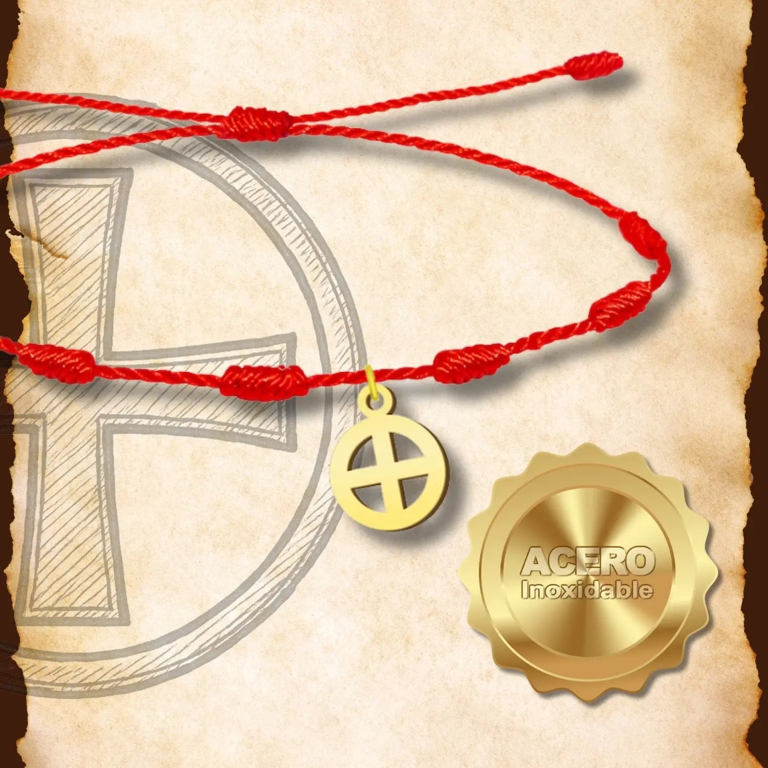 Pulsera de 7 Nudo con Cruz Solar en Acero Dorado diseño