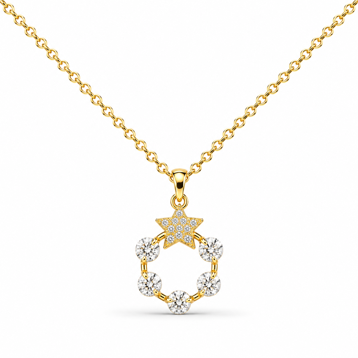 Colgante de Estrella y Aro Brillante Bañado de Oro 14K con Circonitas