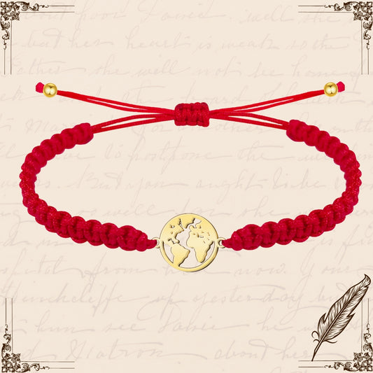 Pulsera Hilo Destino con Mapa de Mundo Acero Dorado