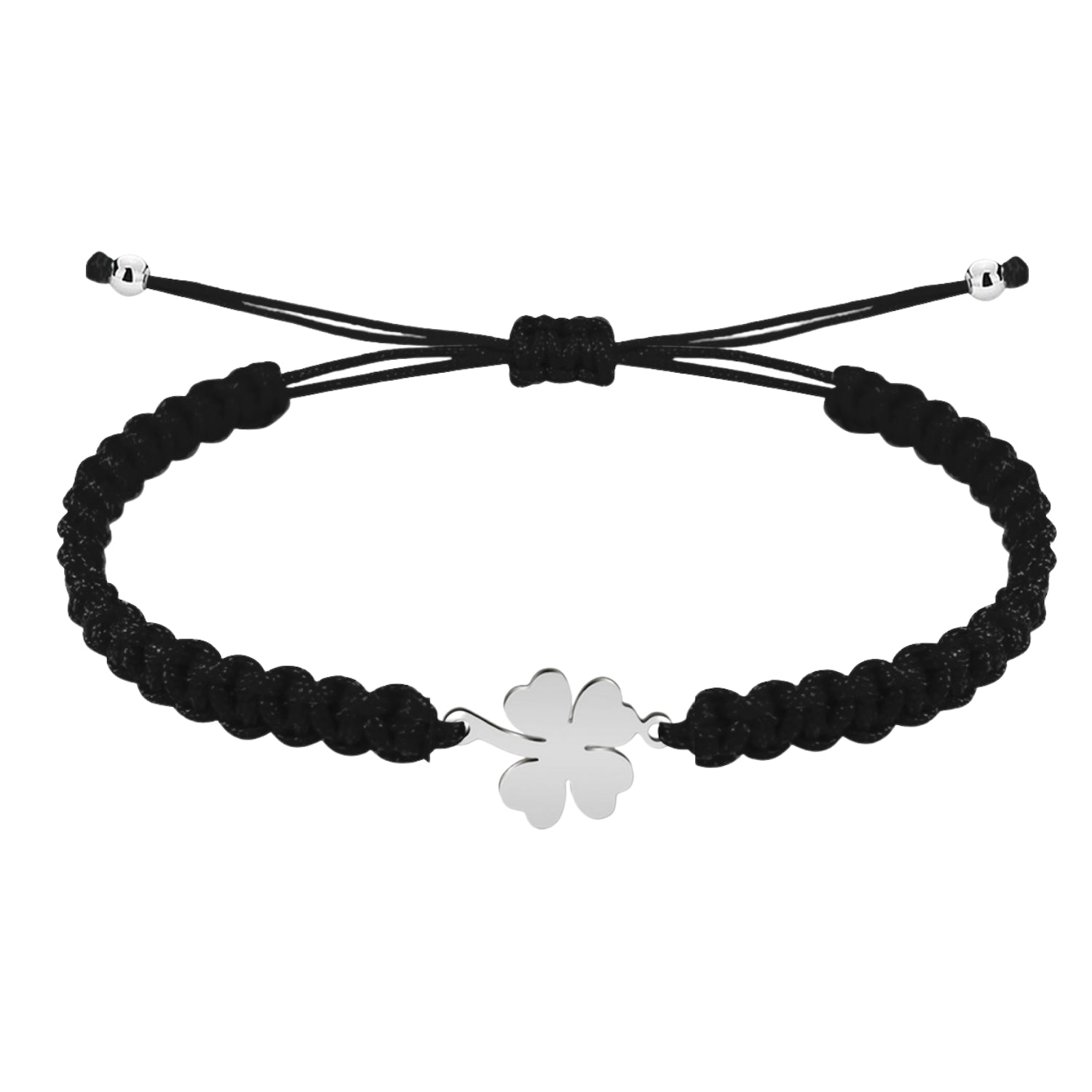 Pulsera Trébol de Cuatro Hojas Hilo Trenzado Negro Acero Plateado