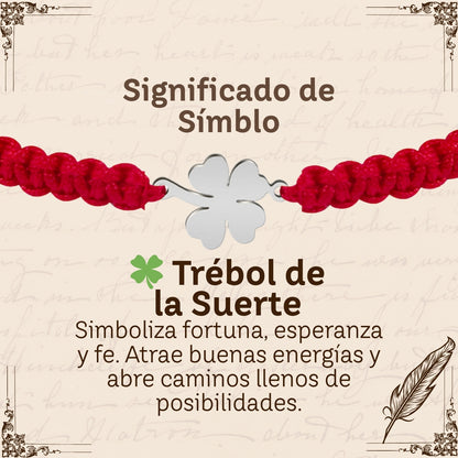 Pulsera Hilo Destino Rojo-Trebol cuatro Hojas Plateado