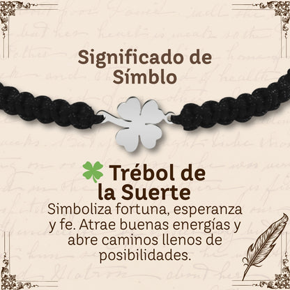 Pulsera Hilo Destino Negro-Trebol cuatro Hojas Plateado