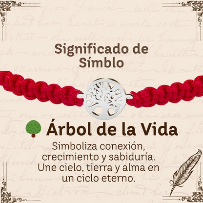 Pulsera Hilo Destino Rojo-Arbol de Vida Plateado