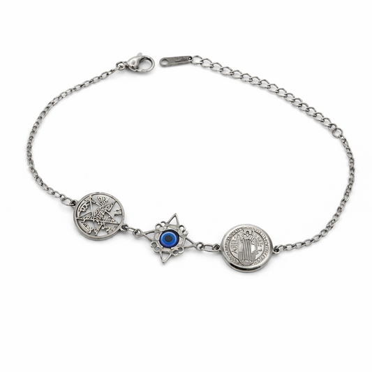 Pulsera Cuádruple Protecciones: Nudo de Bruja, San Benito, Tetragrámaton y Ojo Turco en Acero Inoxidable