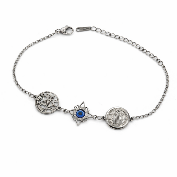 Pulsera Cuádruple Protecciones: Nudo de Bruja, San Benito, Tetragrámaton y Ojo Turco en Acero Inoxidable