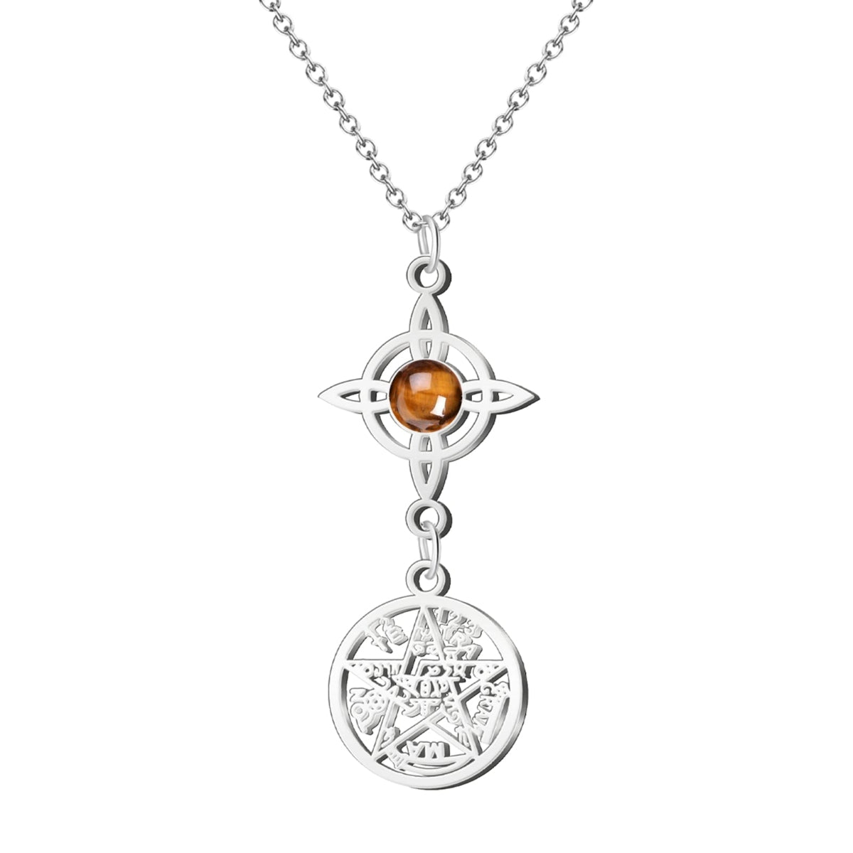 Colgante de acero plateado con doble protección: Nudo de Bruja con piedra Ojo de Tigre natural y medalla del Tetragrammatón. Amuleto de valor y defensa energética.