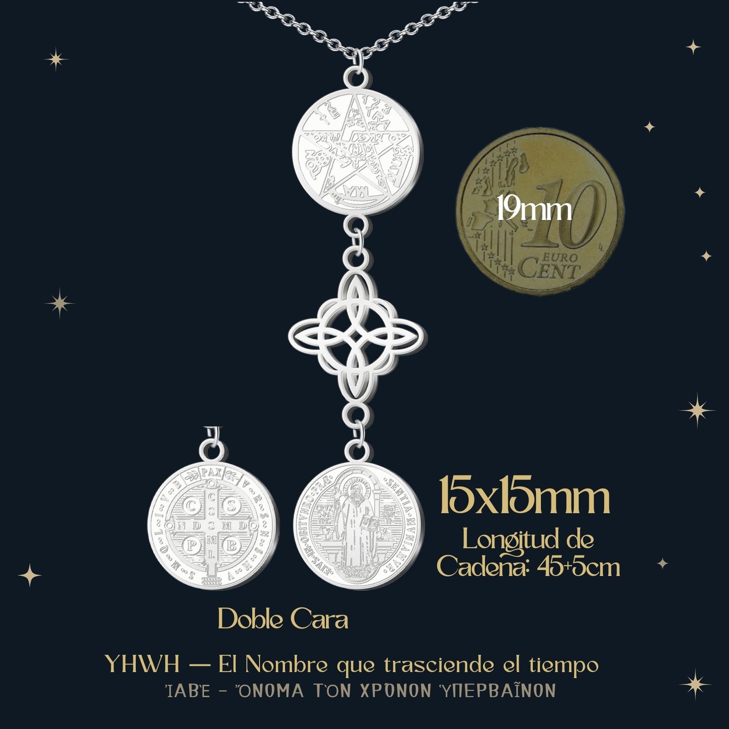 Collar Tetragramatón con Nudo de Bruja y Medalla de San Benito, Acero Inoxidable✨ Amuleto de Protección y Energía Positiva en Acero Inoxidable