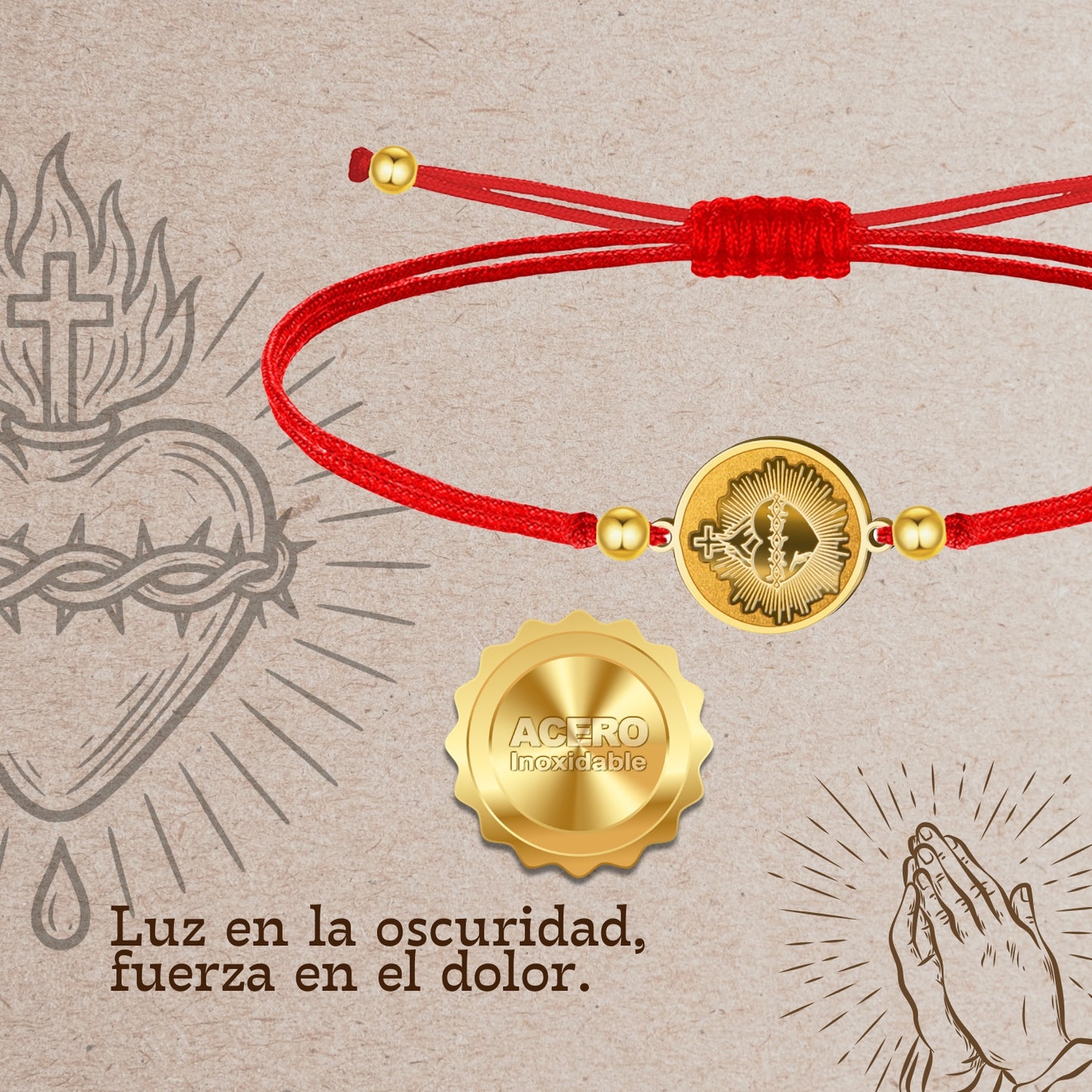 Pulsera Hilo Encerado con CORAZON DE JESUS color Dorado