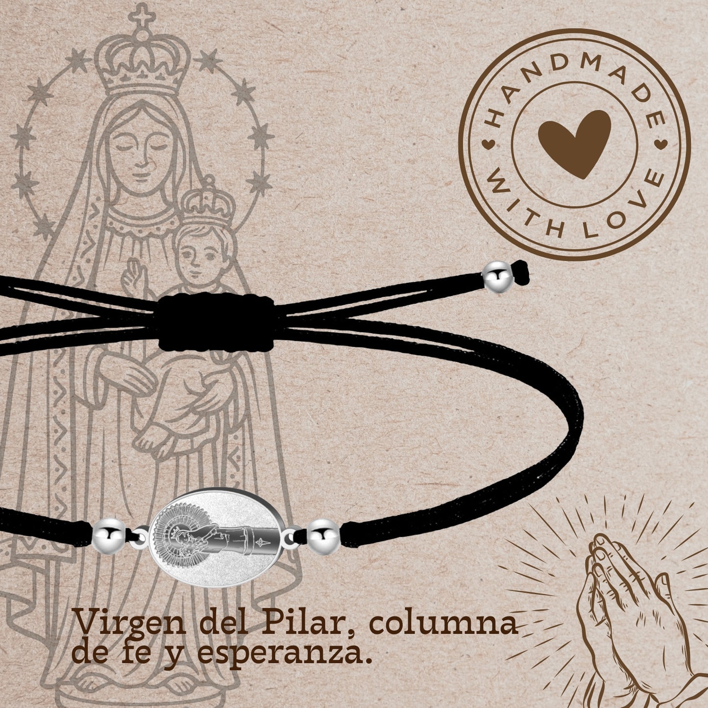 Pulsera Hilo Encerado con VIRGEN DEL PILAR color Plateado
