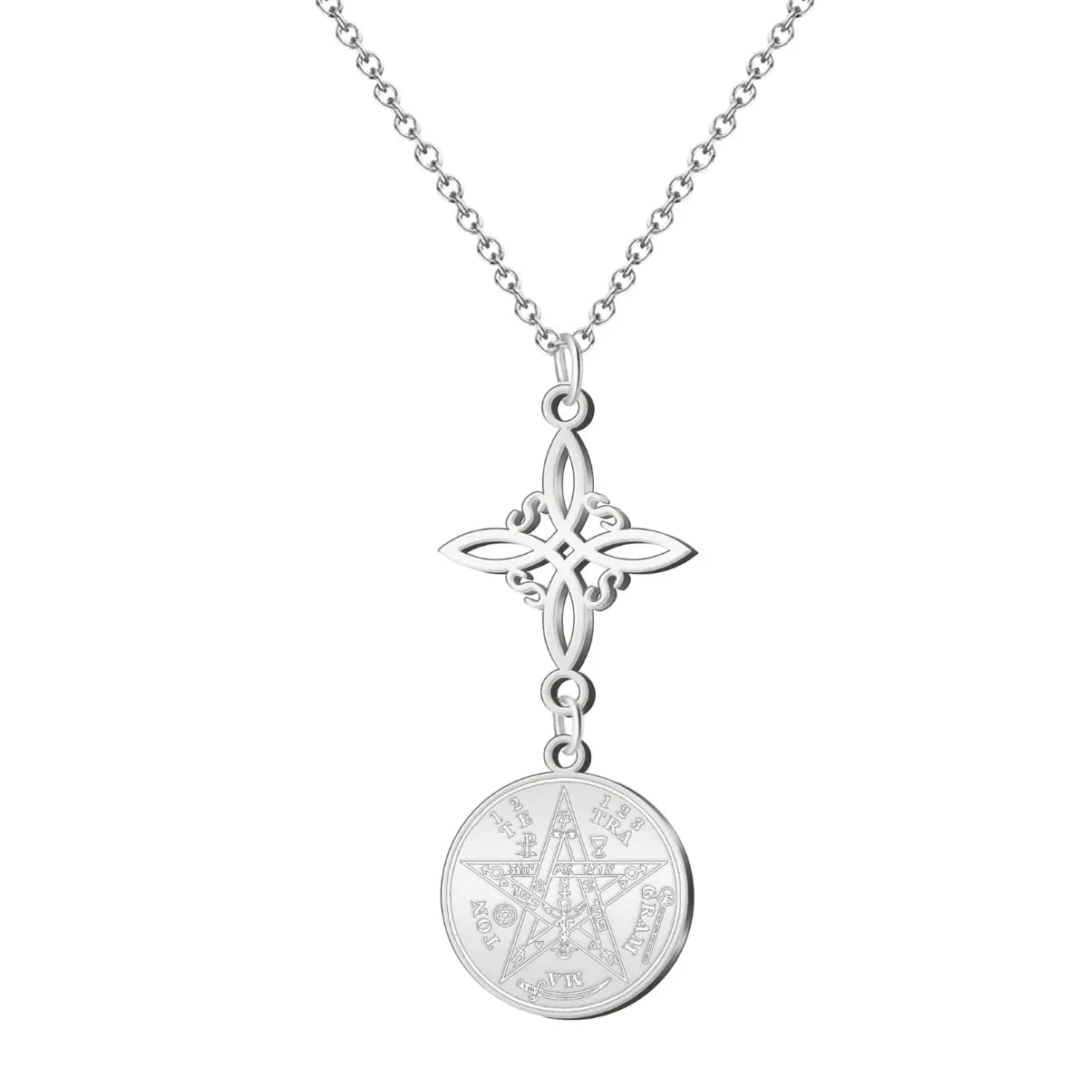 Collar de acero plateado con doble colgante: Nudo de Bruja y Medalla sólida de Tetragrammatón.
