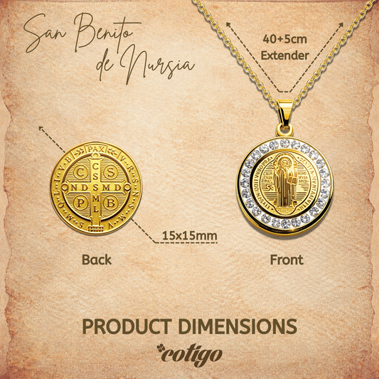 Collar con Medalla de San Benito en Acero Dorado y Circonitas