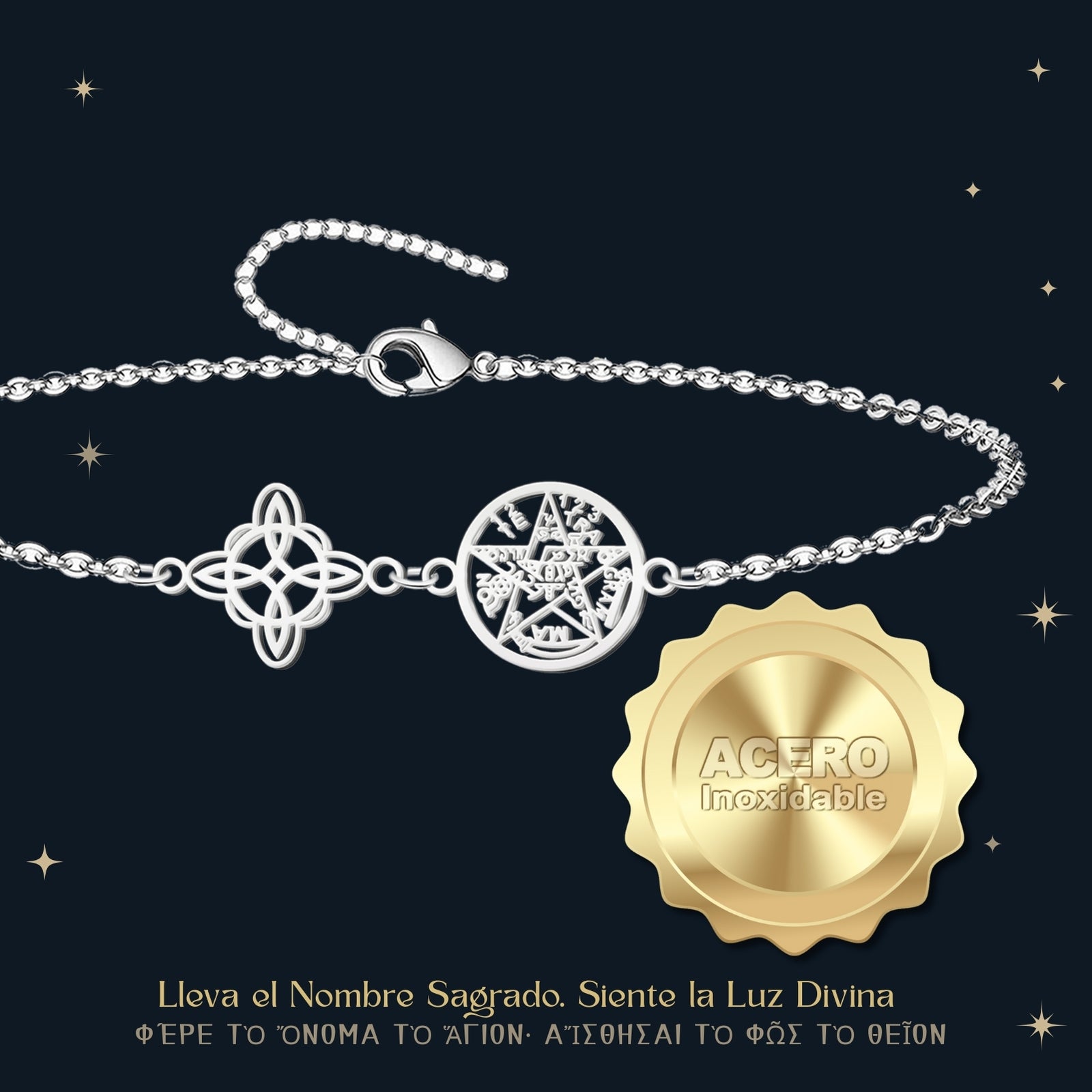 Pulsera Doble Protección: Nudo de Bruja, Tetragrámaton en Acero detalle