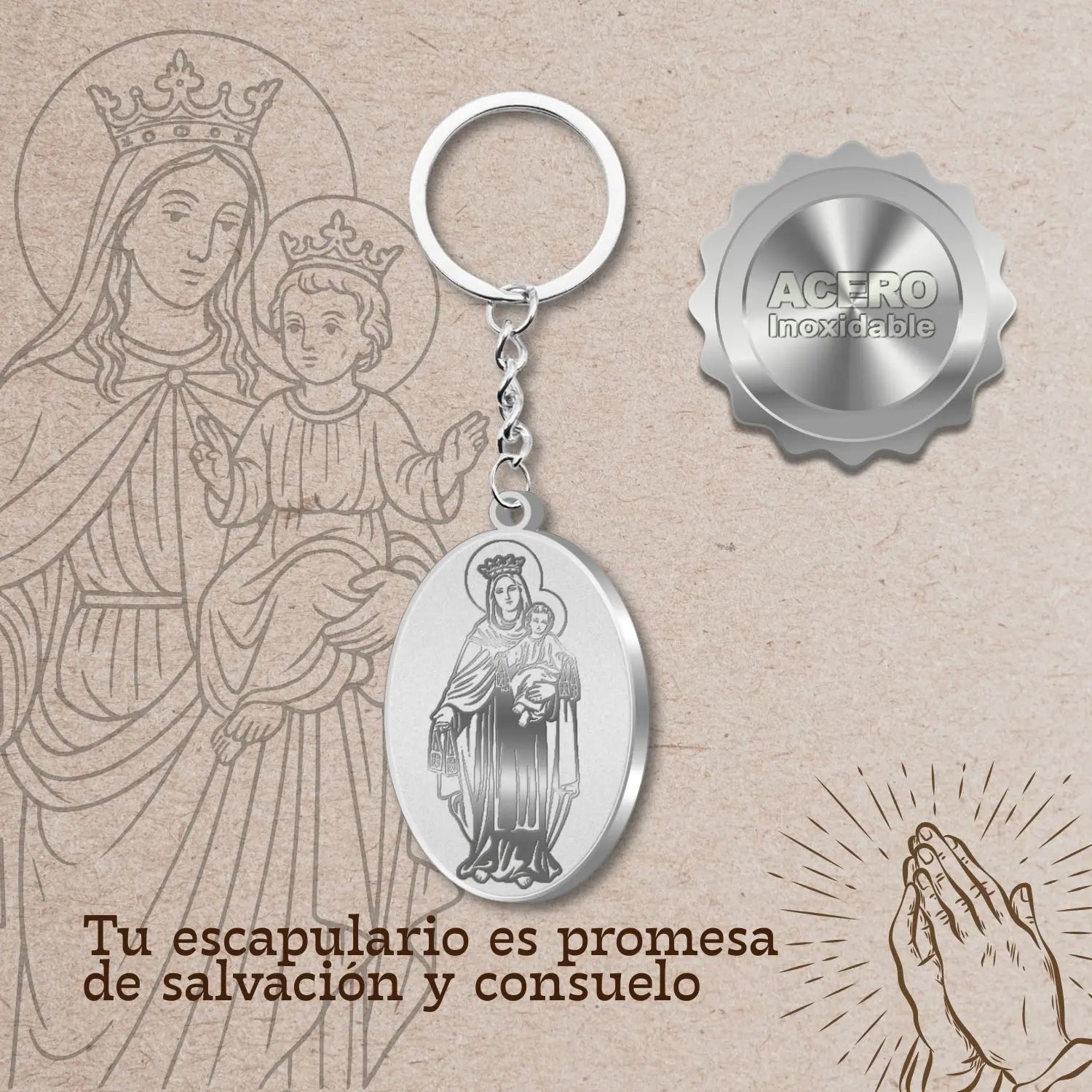 Llavero Virgen del Carmen Acero detalle
