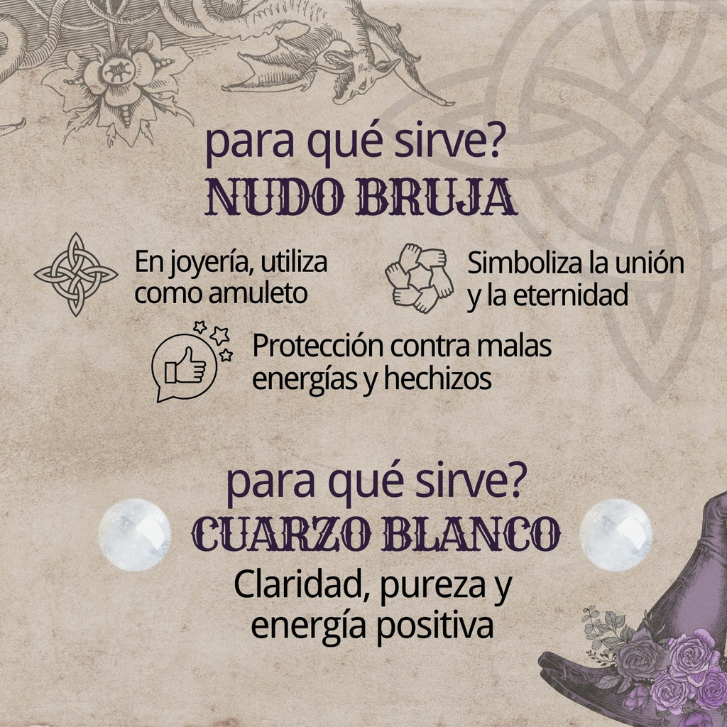 Colgante Nudo de Bruja con Cuarzo Blanco en Acero Dorado cotigo