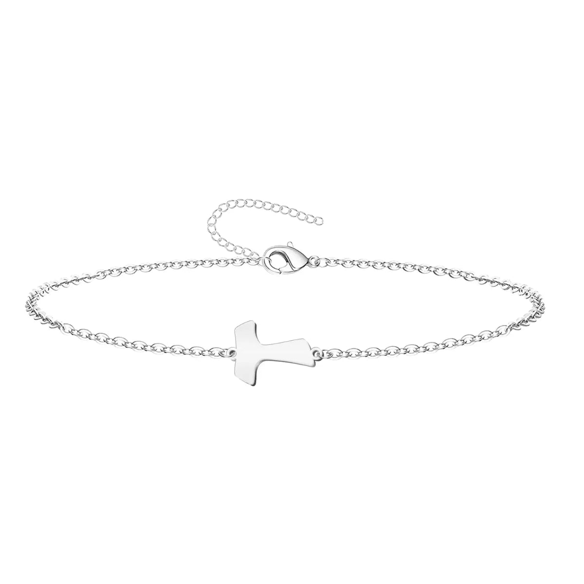 Pulsera de cadena fina con cruz Tau central en acero inoxidable de color plateado y cierre ajustable.