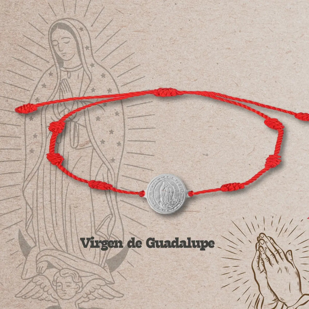 Pulsera roja de 7 nudos con medalla virgen de guadalupe acero plateado amuleto de proteccion contra envidia mujer y hombre