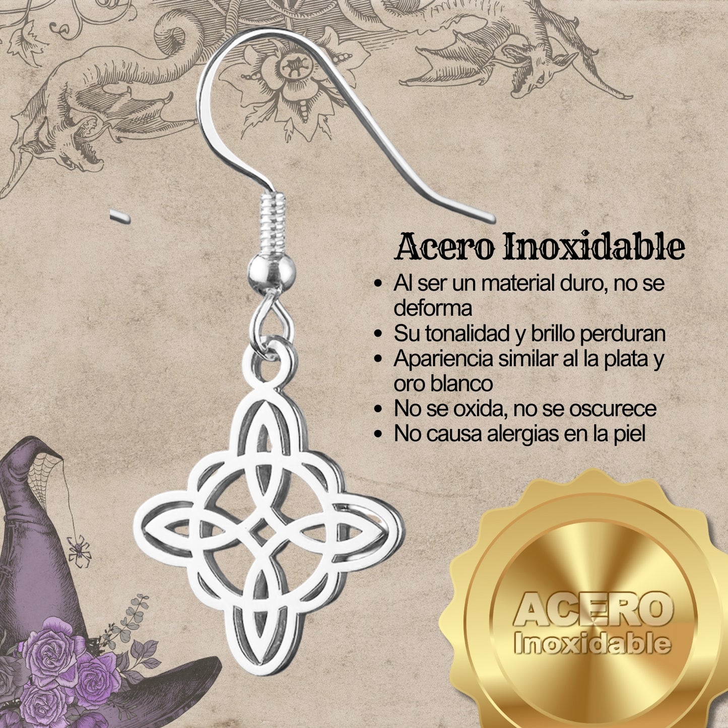 Pendientes Nudo de Bruja – Acero Inoxidable plateado, Amuleto de Protección