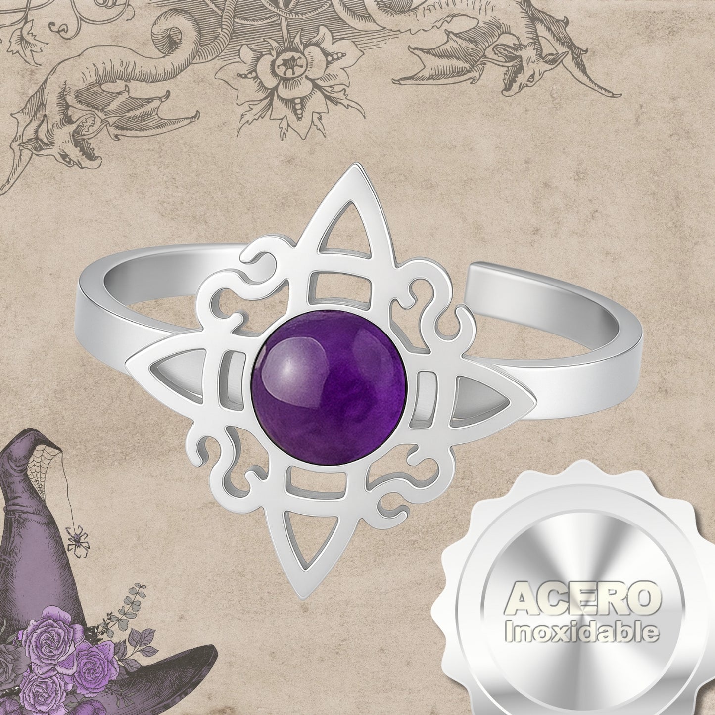 Anillo Nudo de Bruja Acero Plateado con Amatista