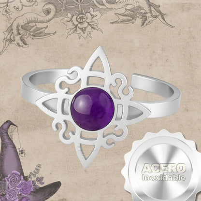 Anillo Nudo de Bruja Acero Plateado con Amatista