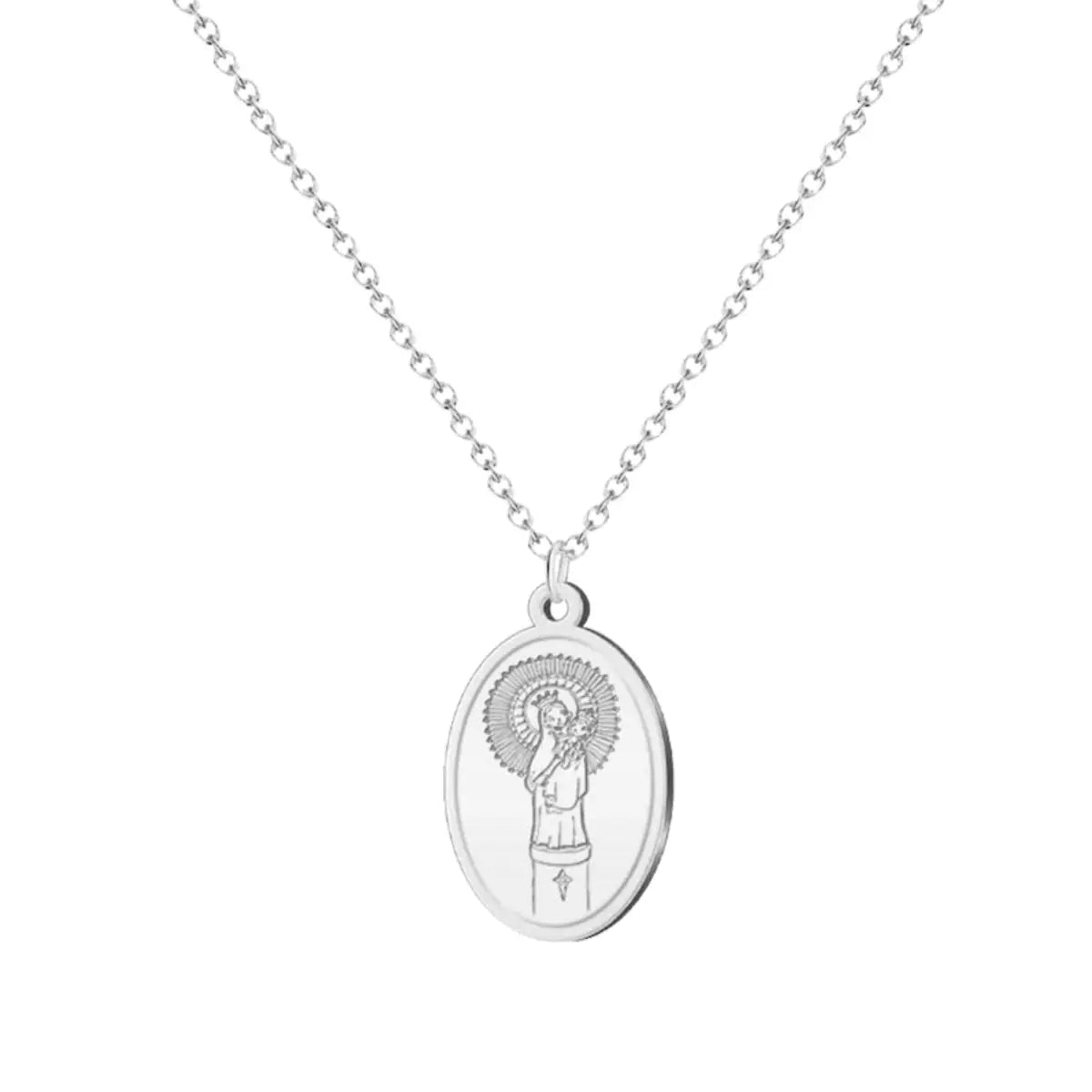 Collar con colgante de la Virgen del Pilar en acero inoxidable plateado, diseño de medalla ovalada con relieve religioso y cadena fina resistente.