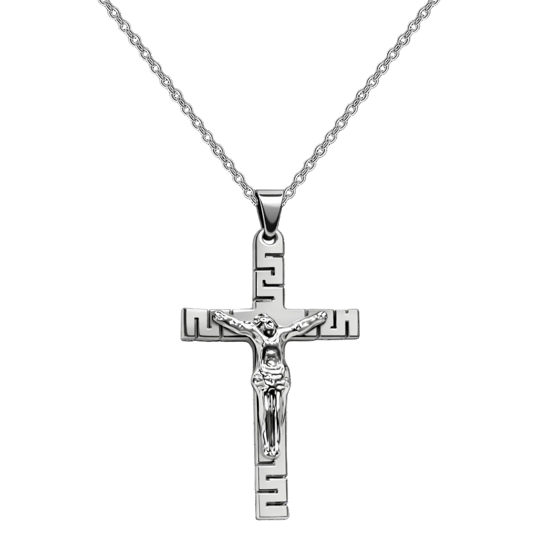Collar con cruz de Jesús crucificado con diseño geométrico en acero inoxidable