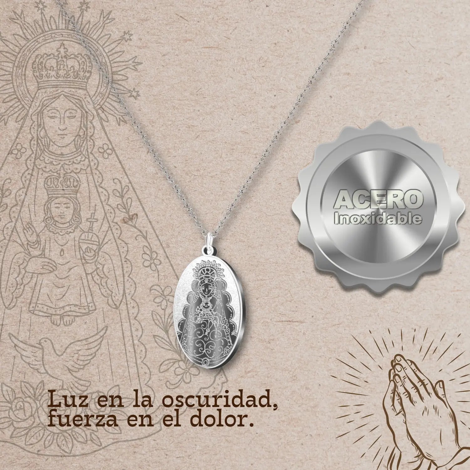 Colgante Virgen del Rocío Medalla Grabada Acero Plateado - cotigo