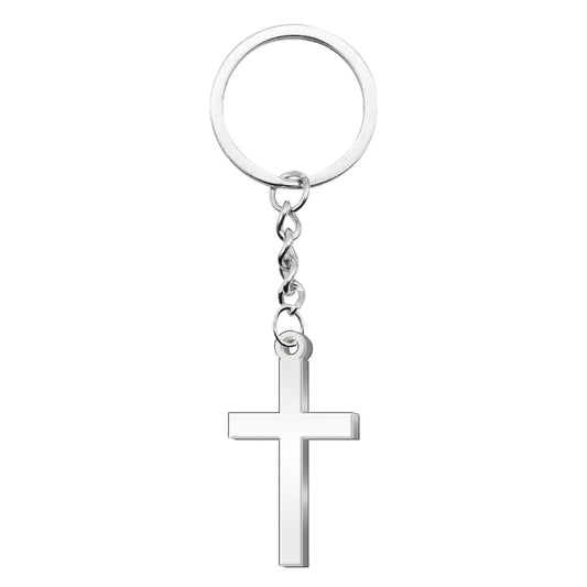 Llavero de acero plateado con colgante en forma de cruz latina clásica y acabado pulido.