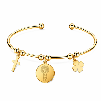 Pulsera Virgen del Pilar de Acero Dorado con Charms de Protección y Suerte