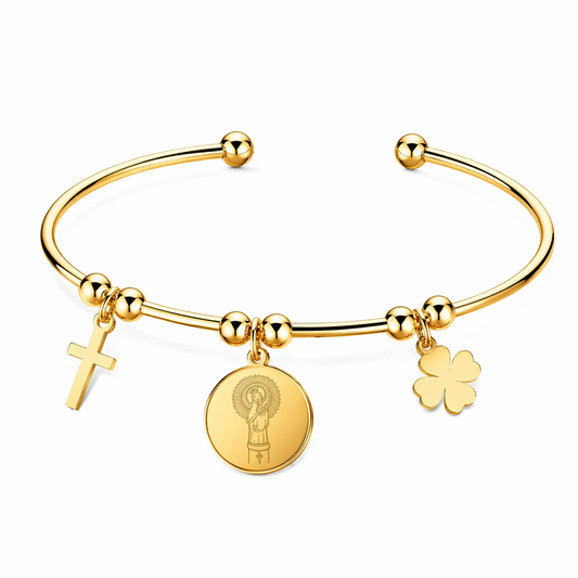 Pulsera Virgen del Pilar de Acero Dorado con Charms de Protección y Suerte