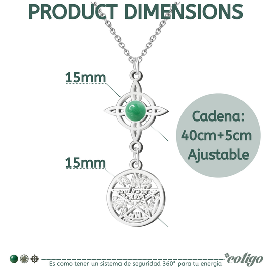 Colgante Triple Protección: Nudo de Bruja, Tetragrámaton y Aventurina Verde en Acero Inoxidable