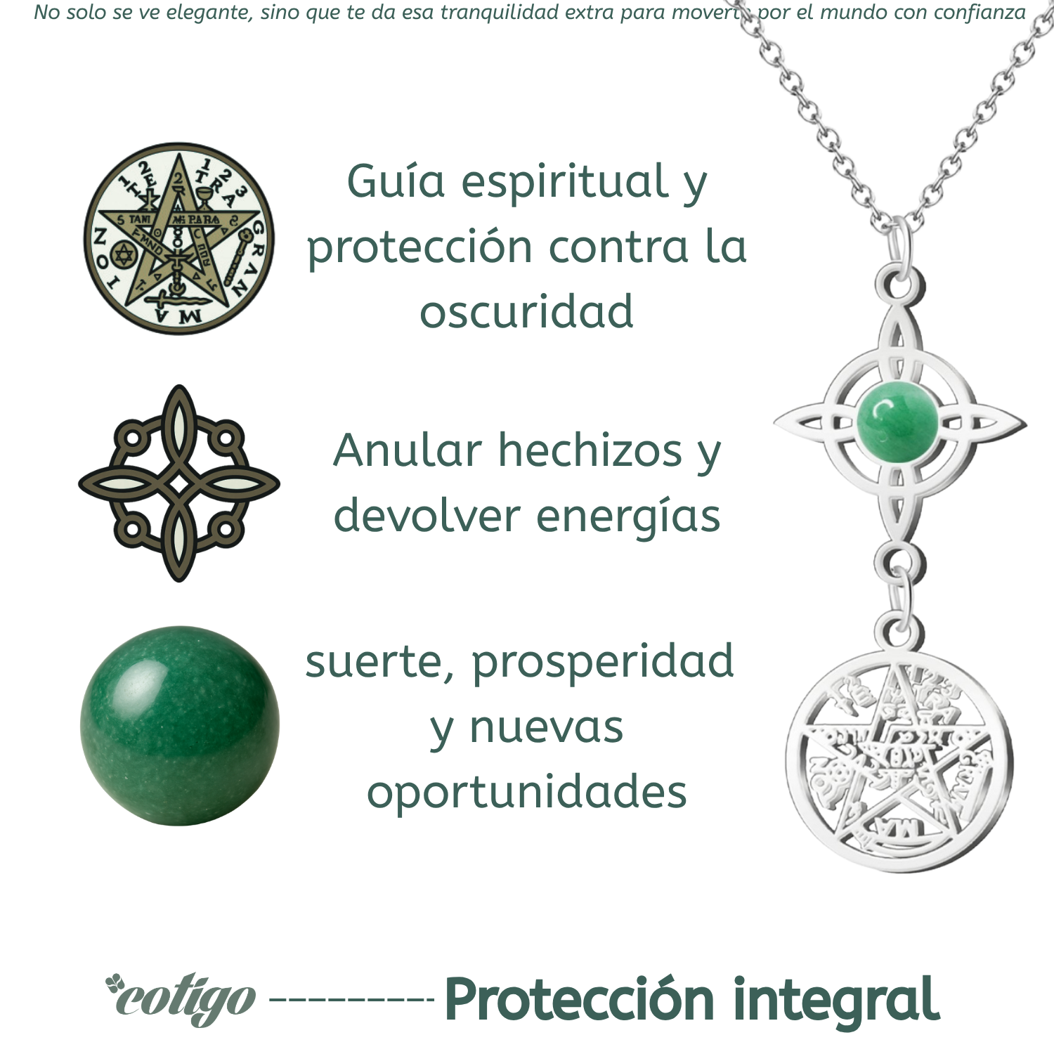 Colgante Triple Protección: Nudo de Bruja, Tetragrámaton y Aventurina Verde en Acero Inoxidable cotigo