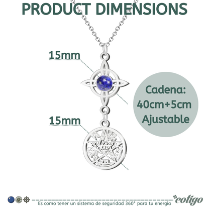 Colgante Triple Protección: Nudo de Bruja, Tetragrámaton y Lapislázuli en Acero Inoxidable