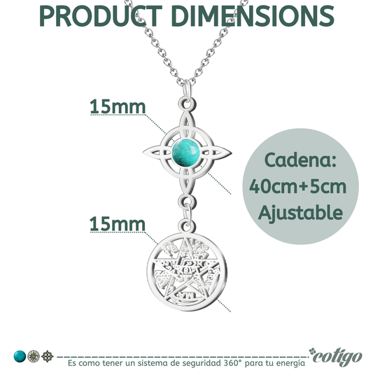 Colgante Triple Protección: Nudo de Bruja, Tetragrámaton y Turquesa en Acero Inoxidable