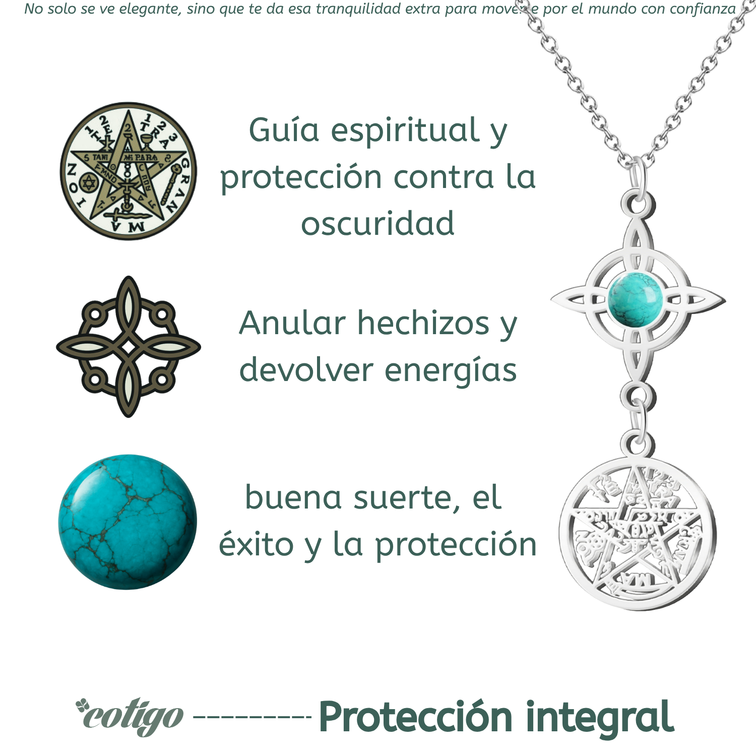 Colgante Triple Protección: Nudo de Bruja, Tetragrámaton y Turquesa en Acero Inoxidable cotigo