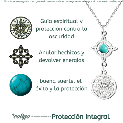 Colgante Triple Protección: Nudo de Bruja, Tetragrámaton y Turquesa en Acero Inoxidable
