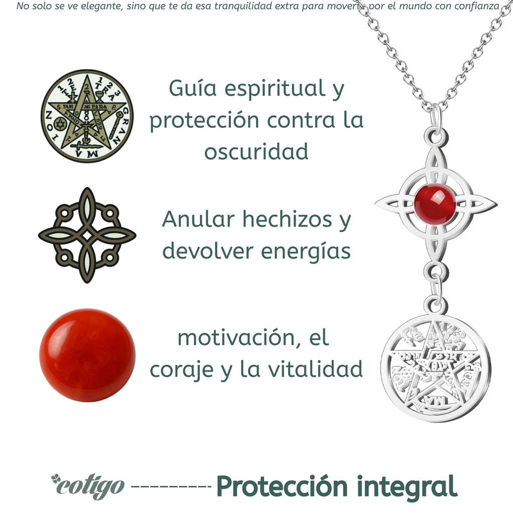 Colgante Triple Protección: Nudo de Bruja, Tetragrámaton y Carneola en Acero Inoxidable cotigo
