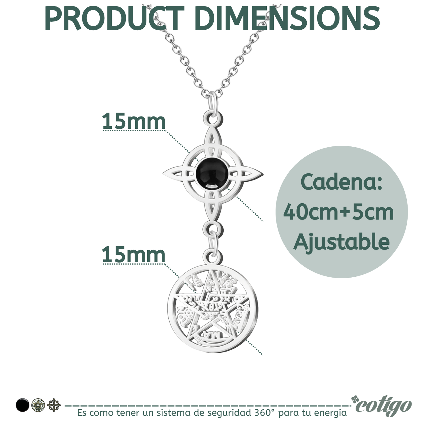Colgante Triple Protección: Nudo de Bruja, Tetragrámaton y Ágata Negra en Acero Inoxidable