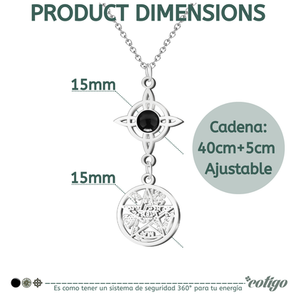 Colgante Triple Protección: Nudo de Bruja, Tetragrámaton y Ágata Negra en Acero Inoxidable