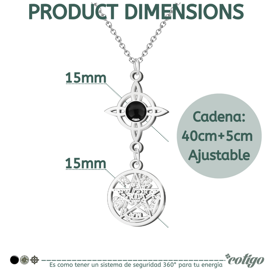 Colgante Triple Protección: Nudo de Bruja, Tetragrámaton y Ágata Negra en Acero Inoxidable