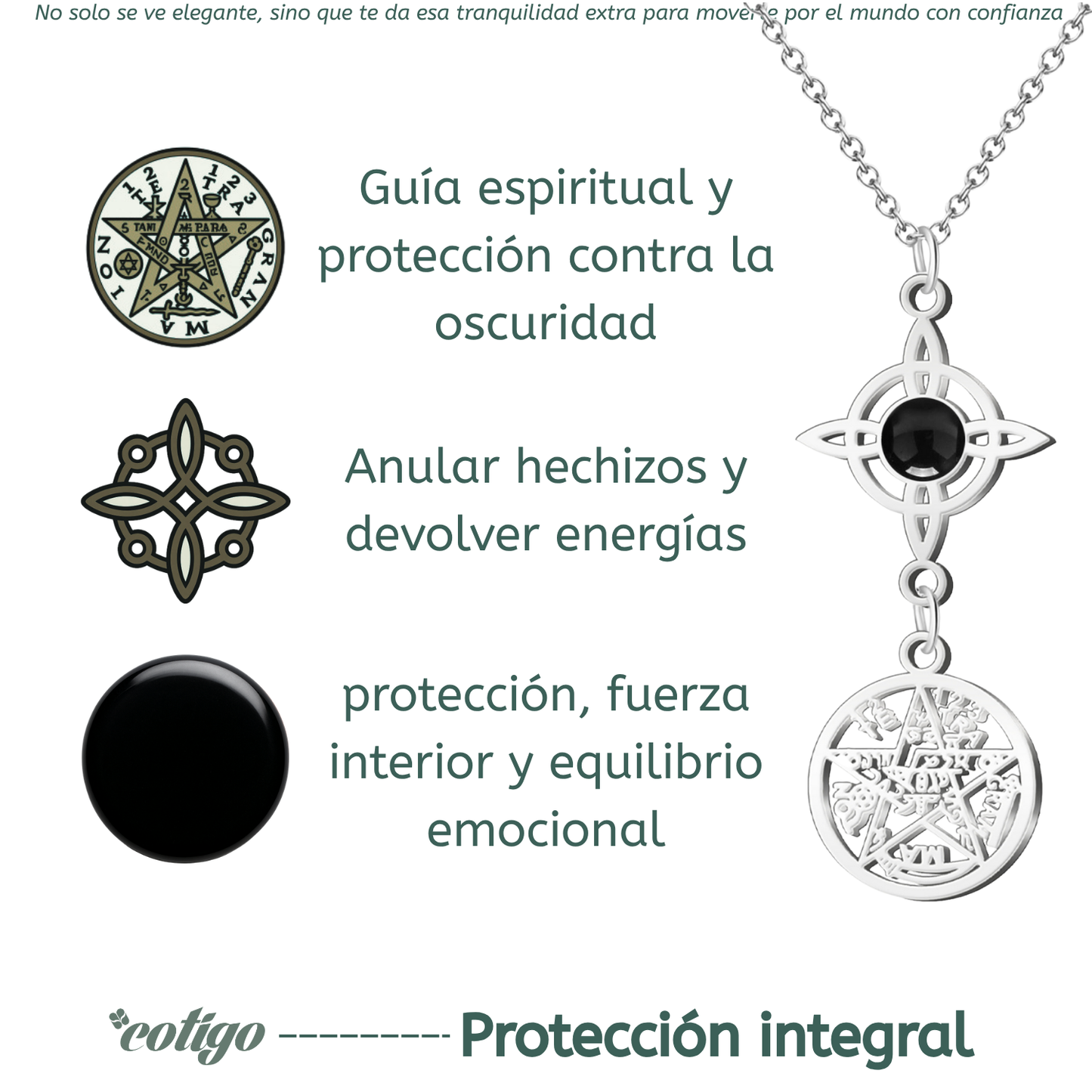 Colgante Triple Protección: Nudo de Bruja, Tetragrámaton y Ágata Negra en Acero Inoxidable