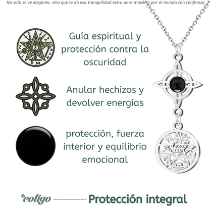 Colgante Triple Protección: Nudo de Bruja, Tetragrámaton y Ágata Negra en Acero Inoxidable