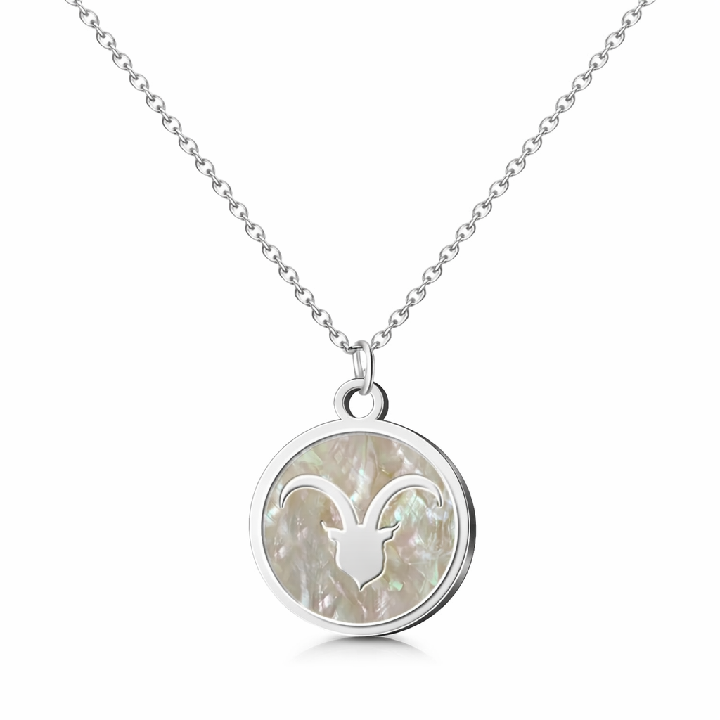 Colgante Aries en Acero Plateado con Nácar Blanco cotigo