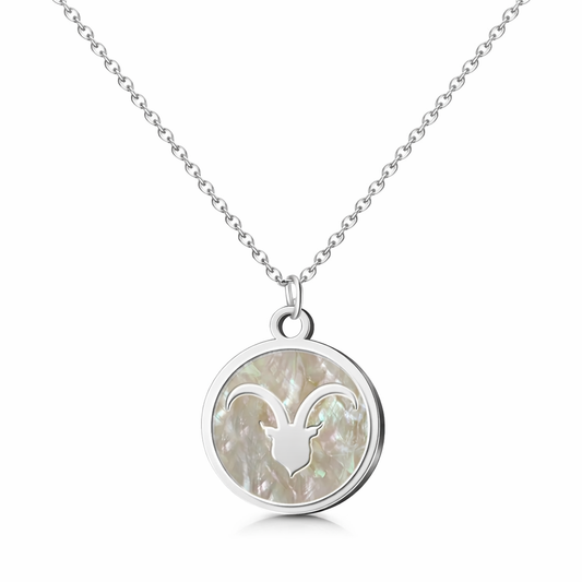 Colgante Aries en Acero Plateado con Nácar Blanco